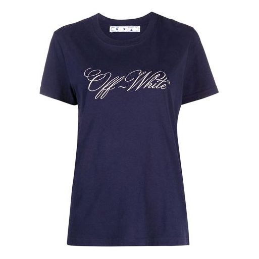 Women's OFF-WHITE SS21 Logo Printing Short Sleeve Slim Fit Navy Blue T-Shirt OWAA049R21JER0124501 T-shirts - KICKSCREW