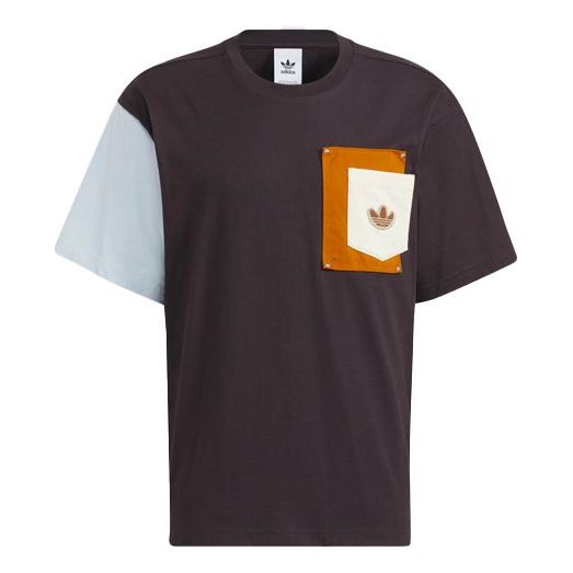 Men's adidas originals Series Splicing Pocket Round Neck Short Sleeve Brown T-Shirt HC0340