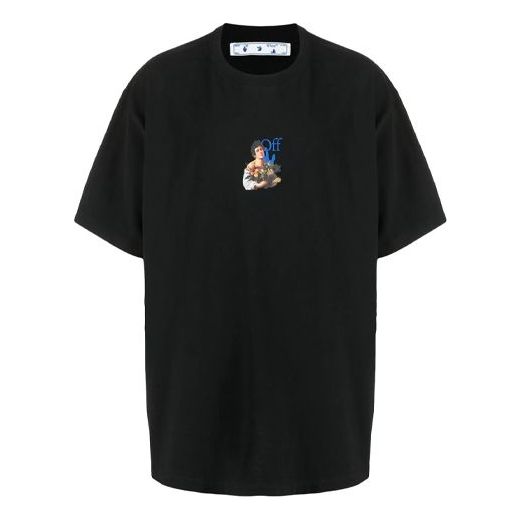 OFF-WHITE 21SS Painting Blue Arrow Cartoon Short Sleeve Loose Fit Black OMAA038S21JER0071040