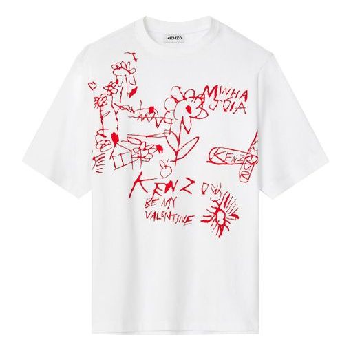 Men's KENZO SS21 Painting Logo Graffiti Design Round Neck Short Sleeve t White T-Shirt FB55TS5044SA-01