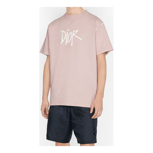 DIOR And Shawn Stussy Collaborative Letter Logo Print Oversized Short Sleeve For Men Pink 033J625E0554-C400