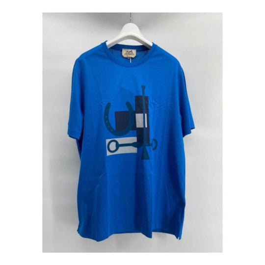 Men's HERMES Printing Round Neck Short Sleeve Blue H047911HA68ME
