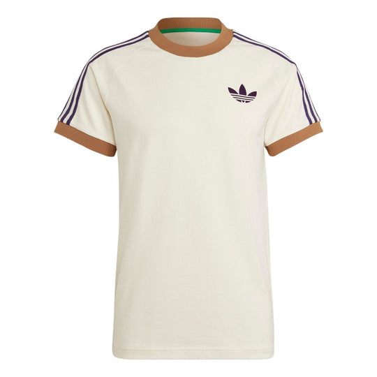 Men's adidas originals Cali Tee Shoulder Stripe Ribbed Round Neck Short Sleeve Milky White T-Shirt IB3422