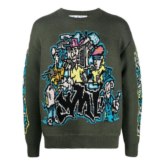 Men's OFF-WHITE FW22 Intarsia Knit Long Sleeves Wool Sweater Green OMHE136F22KNI00156845684