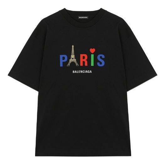 Men's Balenciaga Paris Love Regular T-Shirt Printing Short Sleeve Black  594579TGV431000