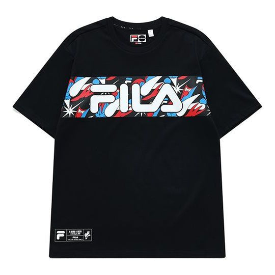 Men's FILA FUSION Contrasting Colors Logo Printing Basketball Sports Loose Short Sleeve Black T11M135106F-BK