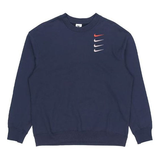Men's Nike French Terry Swoosh 4 Embroidered Round Neck Sports Pullover Autumn Navy Blue DB9408-451