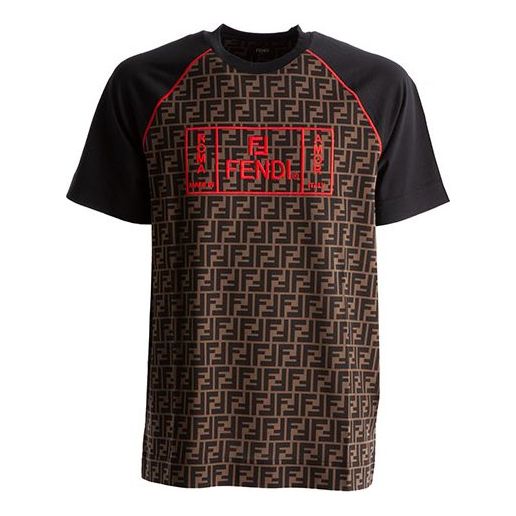 Men's FENDI Roma FF Logo Red Printing Short Sleeve T-shirt Brown FY0980-A87D-F0BVE T-shirts  -  KICKSCREW