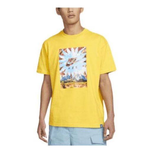 Men's Nike Landscape Logo Printing Round Neck Casual Short Sleeve Yellow T-Shirt DQ1020-709