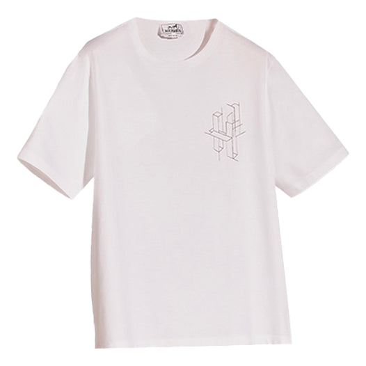 HERMES FW21 3D Logo Embroidered Pattern Cotton Round Neck Short Sleeve White H167605HA90