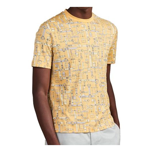 Men's HERMES Labyrinthe Equestre Full Print Pattern Printing Round Neck Short Sleeve Yellow H037735-HA1Q T-shirts  -  KICKS CREW