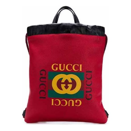 GUCCI Logo Print Calfskin Leather Drawstring Backpack Bag Black 523586