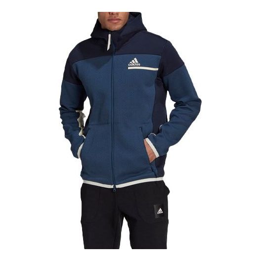 Men's adidas Z.N.E Series Sports Gym Knit Thicken Hooded Logo Jacket Navy Blue GN6834