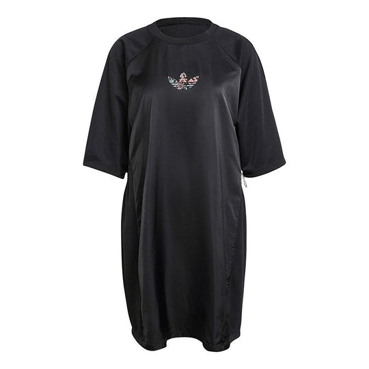 (WMNS) adidas originals Tee Logo Printing Splicing Sports Short Sleeve Black Dress GN3114
