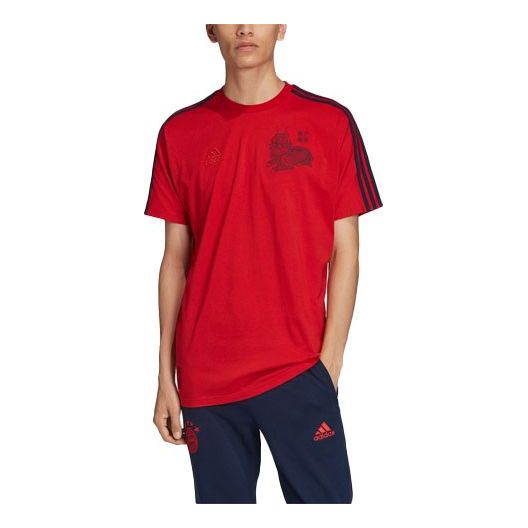 adidas Stripe Logo Embroidered Sports Round Neck Pullover Short Sleeve Bayern Munich Black Red FI6235