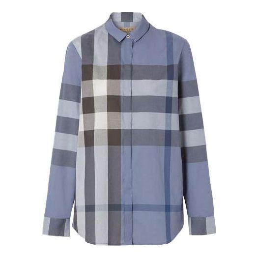 Burberry SS21 Check Stretch Cotton Long Sleeve Shirt Male Blue 80088151