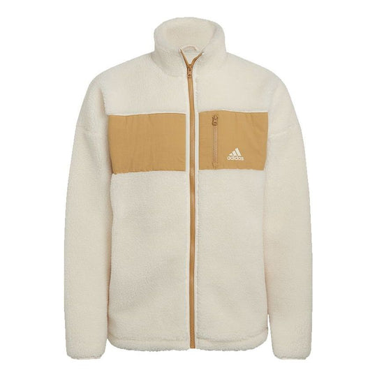 adidas Winter Jacket Colorblock Splicing Fleece Stay Warm logo Sports Stand Collar Creamy White HI1186