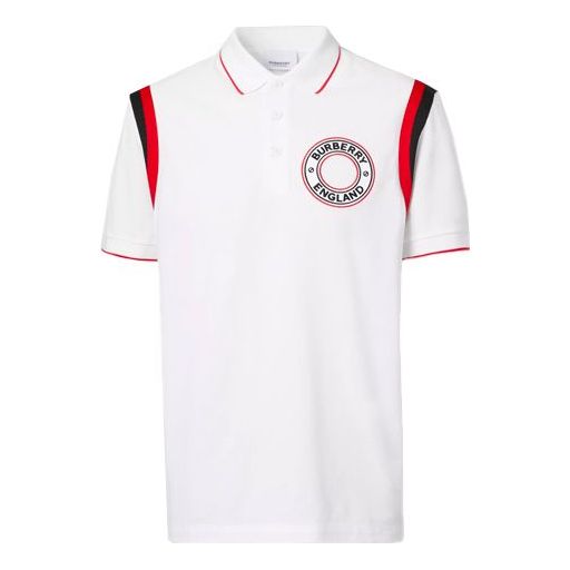 Men's Burberry Logo Pattern Intarsia Mesh Cotton Short Sleeve Polo Shirt White 80370491