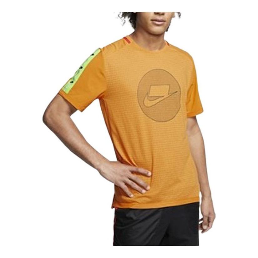 Men's Nike Chest Logo Mesh Stripe Round Neck Short Sleeve Orange T-Shi ...