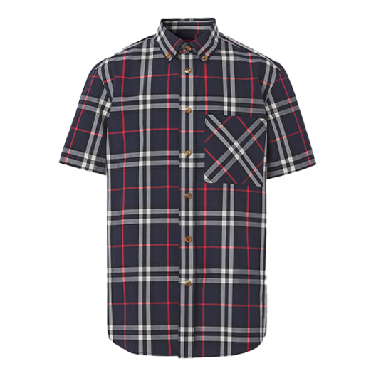 Men's Burberry SS21 Logo Plaid Loose Short Sleeve Shirt Navy Blue 80433391