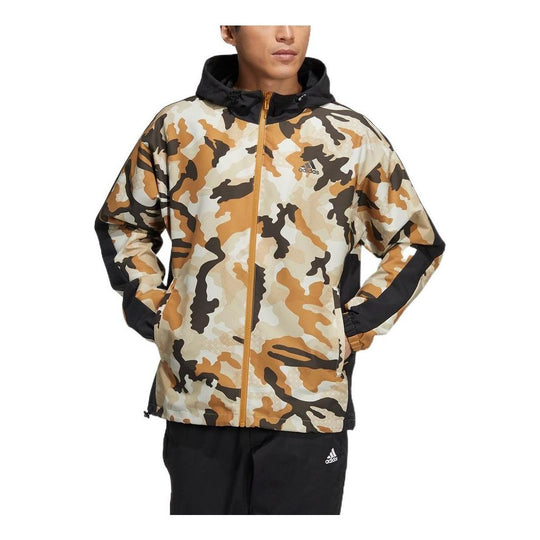 Men's adidas Camouflage Adjustable Hooded Sports Gym Jacket Brown HE7451
