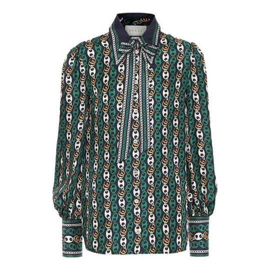 GUCCI Bow Tie Boat Anchor Chain Printed Silk Shirt For Women Green 602042-ZAC7W-4667 Shirt - KICKSCREW