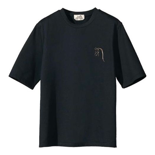 Men's HERMES Cortex Detail Embroidered Round Neck Short Sleeve Navy Blue T-Shirt H167565HA01