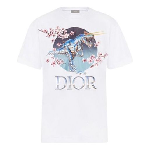 Men's DIOR x Sorayama Crossover Sakura Dragon Printing Short Sleeve White  933J602B0533-085