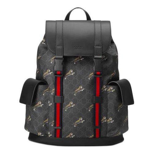 Gucci Tiger Printing Logo Stripe Webbing Canvas Large Capacity schoolbag Backpack Black 495563-G02CX-8675