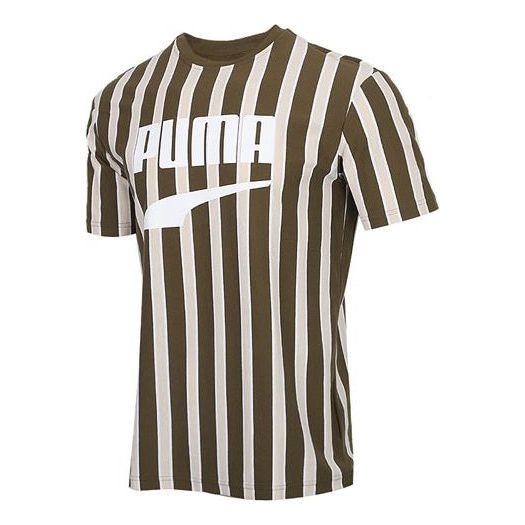 Men's PUMA Stripe Printing Casual Sports Breathable Short Sleeve Brown 599911-48
