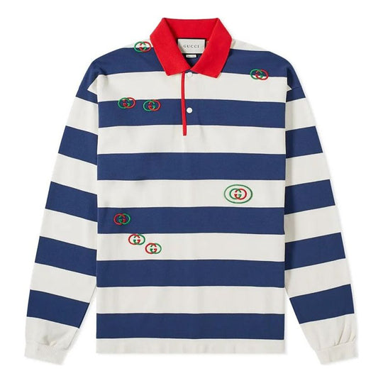 GUCCI Men s Long Sleeve Striped Logo Polo Shirt Blue 573265-XJA6H-4594
