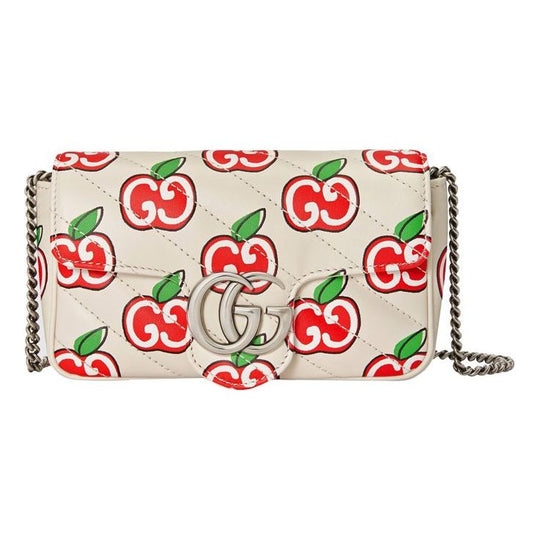 (WMNS) GUCCI GG Marmont Silver Logo Apple Pattern Leather Chain Shoulder Messenger Bag Mini White / Red Valentine's Day limited 476433-1W8AN-9086 Shoulder Bags  -  KICKS CREW