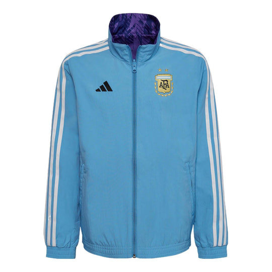 Men's adidas Logo Printing Pattern Stripe Reversible Stand Collar Soccer/Football Jacket Blue HF3947